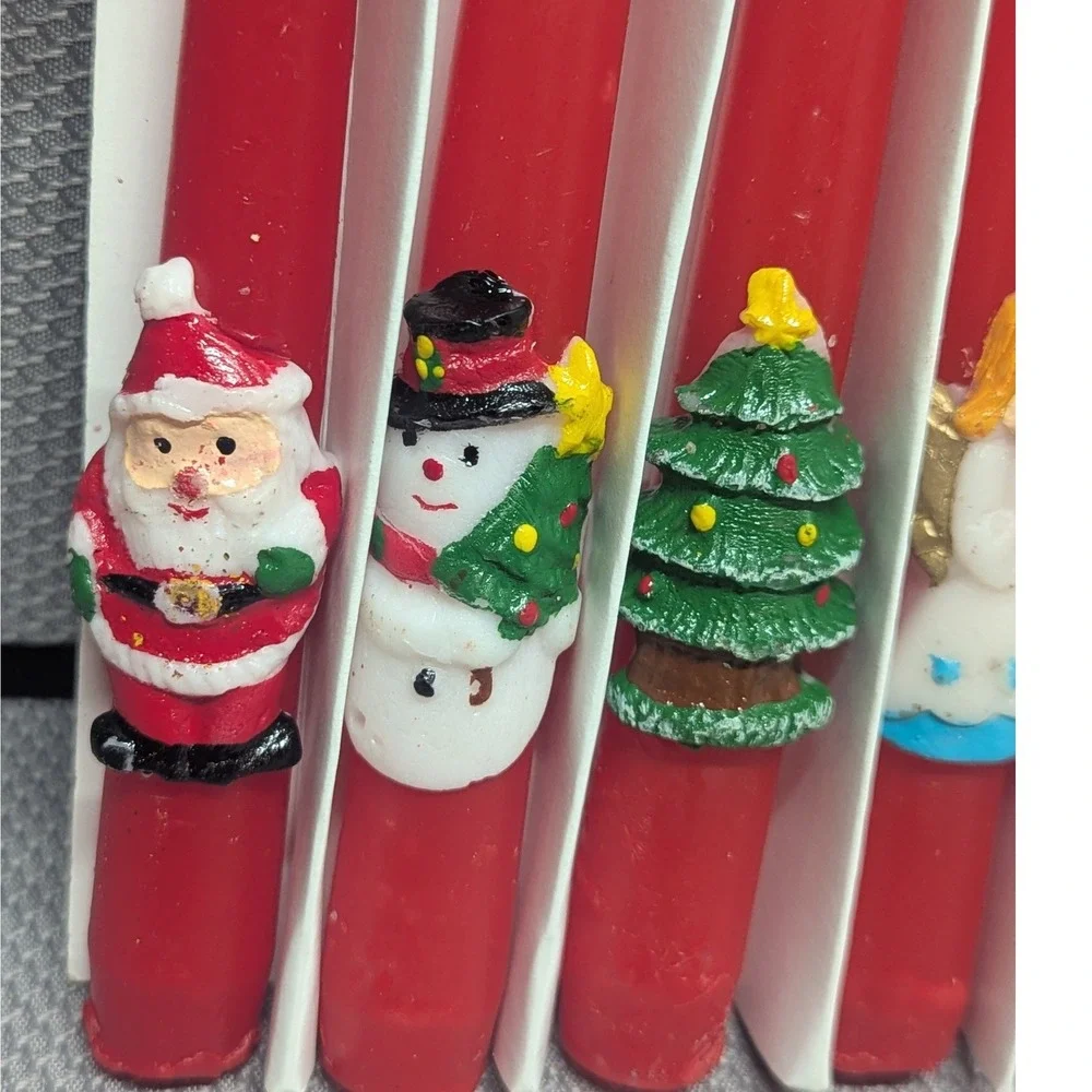 Vintage Christmas Taper Candles Set of 6 Red Wax Santa Snowman Tree Angel 6 inch